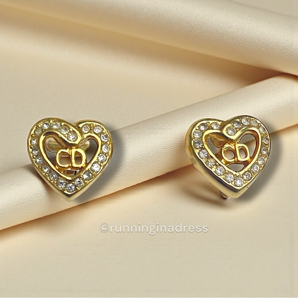 Vintage Christian Dior Gold CD Heart Crystal Earrings With Original Packaging - Picture 10 of 13